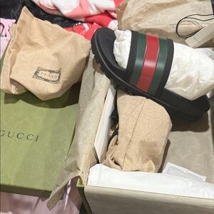 Gucci Black Slides with Red and Green Stripes